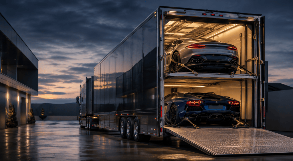 Enclosed vehicle transport coordinated for luxury and high-value automobiles