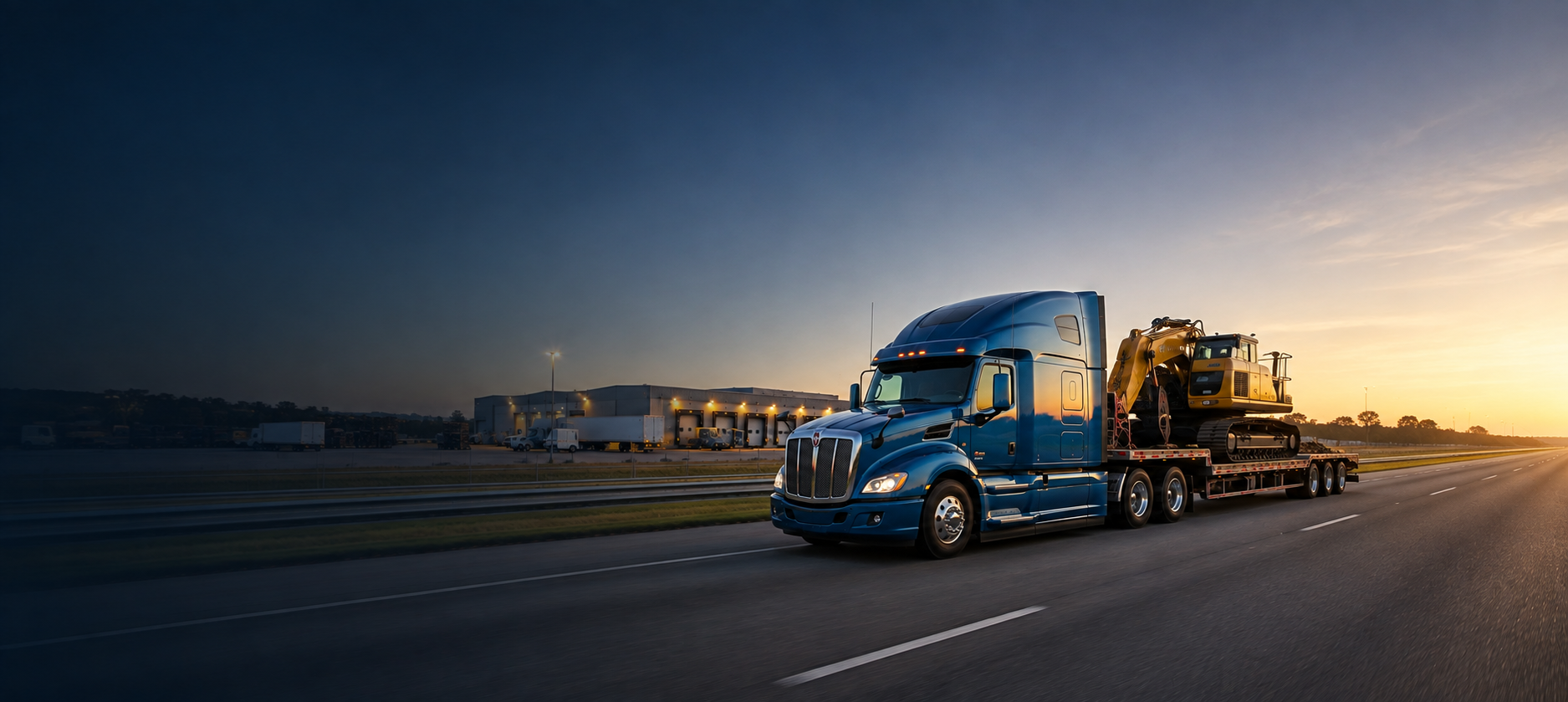 Nationwide freight coordination with a semi-truck transporting heavy equipment